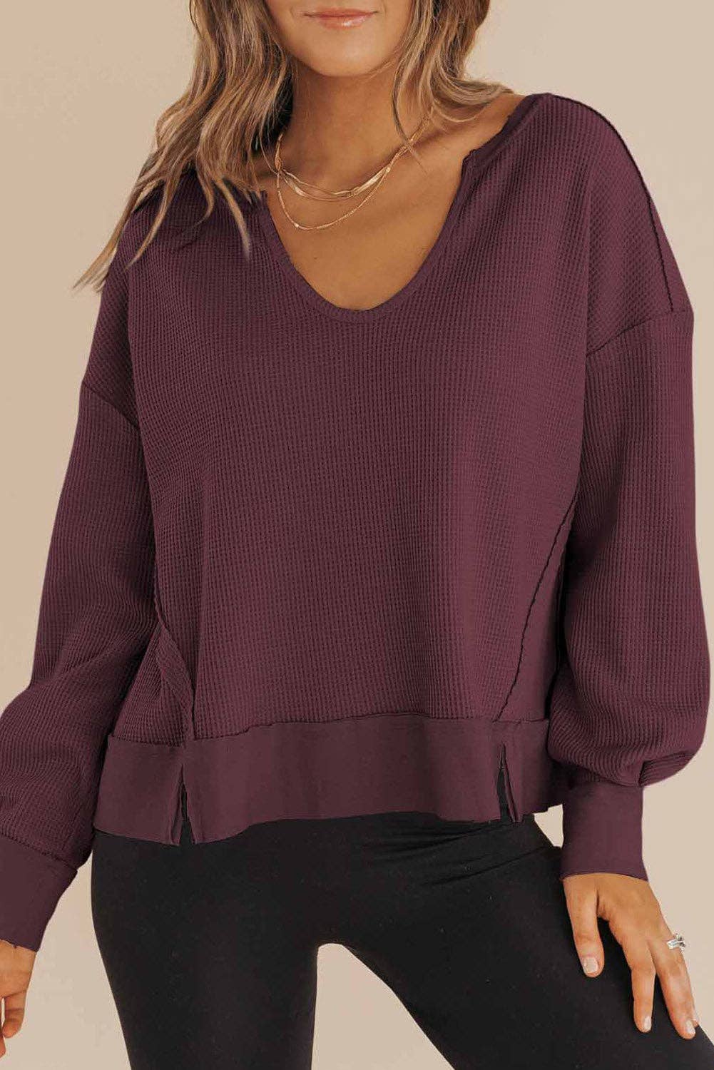 Waffle Knit Notched V Neck Sweatshirt