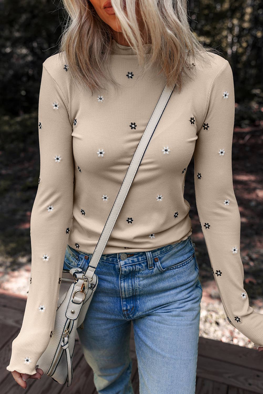 Floral Embroidered Ribbed Top