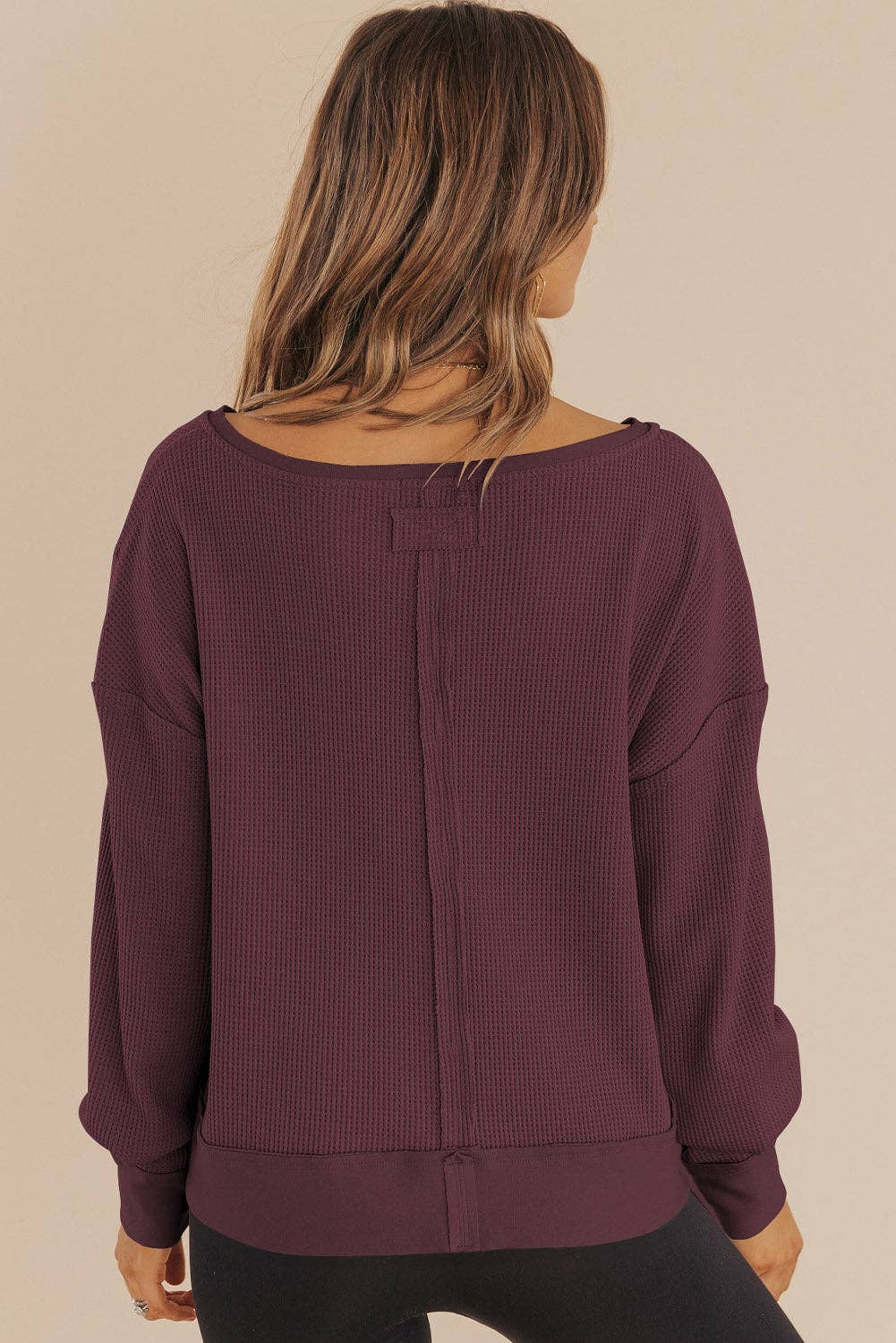 Waffle Knit Notched V Neck Sweatshirt